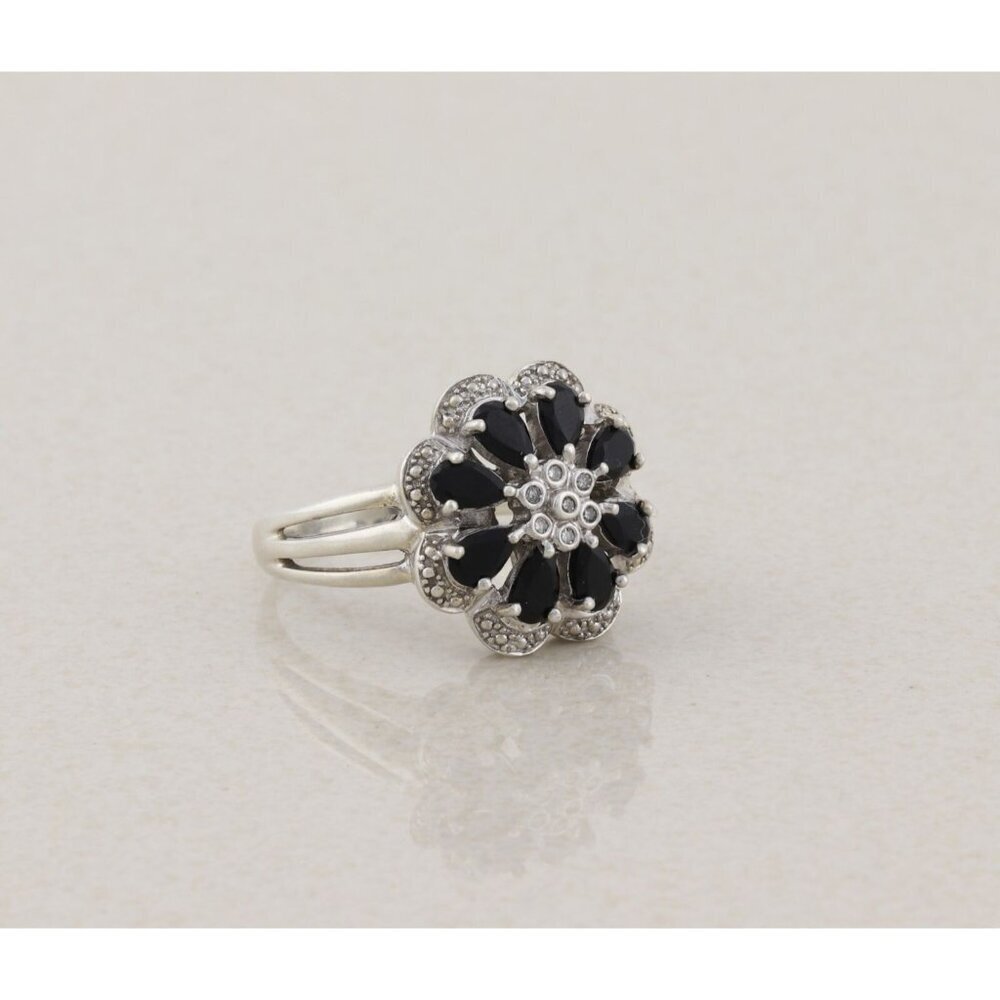 Sterling Silver Blue Cubic Zirconia and Natural Diamond Flower Ring Size 9 1/2 - Picture 3 of 7